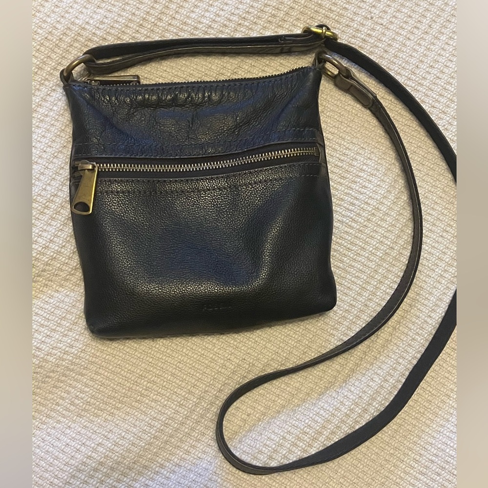 Fossil crossbody bag. Black leather with bronze/gold hardware.